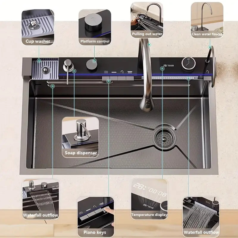 Kitchen Deluxe Waterfall Workstation Sink with Digital Temperature Display Faucet