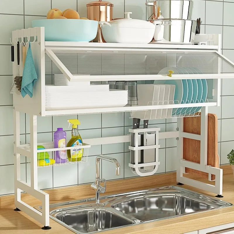 Over-the-Sink Dish Drying Rack | Dustproof Kitchen Shelf & Multi-Organizer