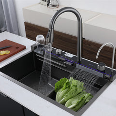 Stainless Steel Kitchen Sink with Double Waterfall Design, Large Single Basin, Embossed Surface, and Ambient Light Digital Display