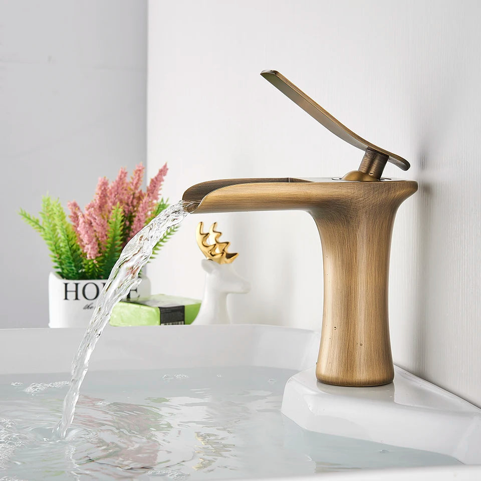 XYliving store Antique Brass Waterfall Basin Faucet | Single Handle Mixer Tap