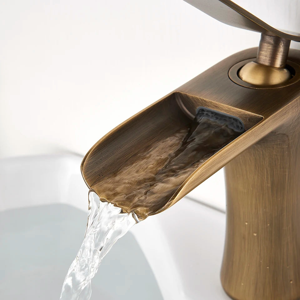 XYliving store Antique Brass Waterfall Basin Faucet | Single Handle Mixer Tap