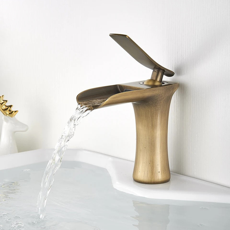 XYliving store Antique Brass Waterfall Basin Faucet | Single Handle Mixer Tap