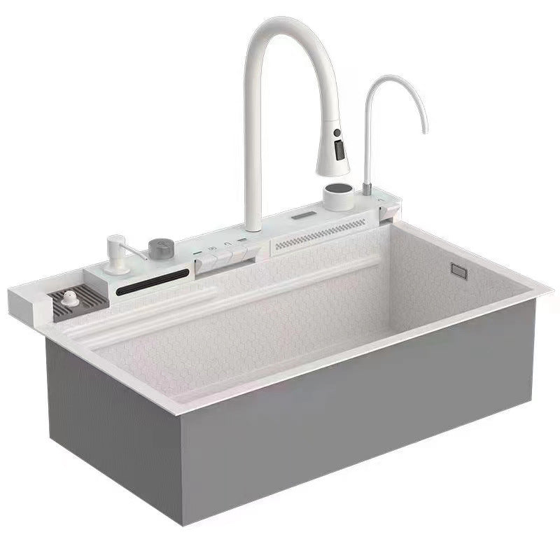 White Kitchen Workstation Sink with Waterfall Design, Temperature Display Faucet, Undermount Kitchen Sink