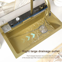 Gold Kitchen Workstation Sink with Waterfall Design, Temperature Display Faucet, Undermount Kitchen Sink