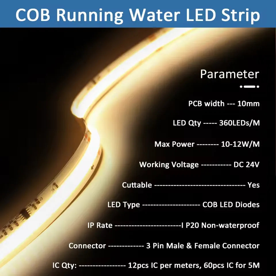 WS2811 Flowing Water LED Strip – 24V COB Tape Light, 10M/15M/20M, Warm/Cool White, Sequential & Sync Remote Control