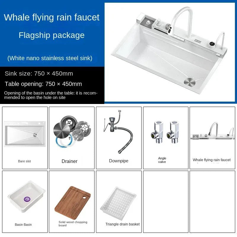 White Kitchen Workstation Sink with Waterfall Design, Temperature Display Faucet, Undermount Kitchen Sink