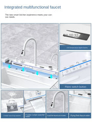 White Kitchen Workstation Sink with Waterfall Design, Temperature Display Faucet, Undermount Kitchen Sink