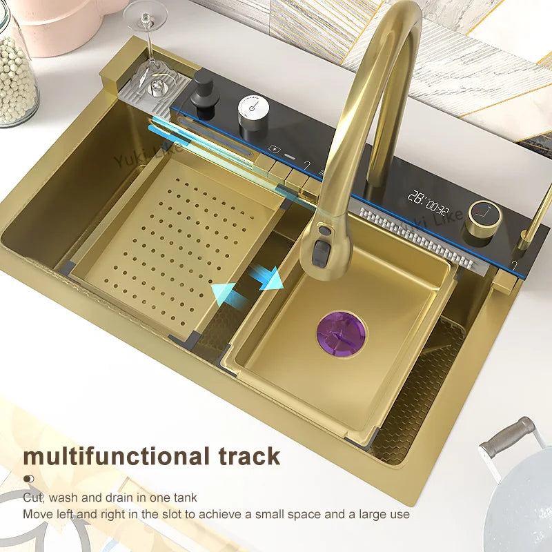 Gold Kitchen Workstation Sink with Waterfall Design, Temperature Display Faucet, Undermount Kitchen Sink