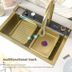 Gold Kitchen Workstation Sink with Waterfall Design, Temperature Display Faucet, Undermount Kitchen Sink