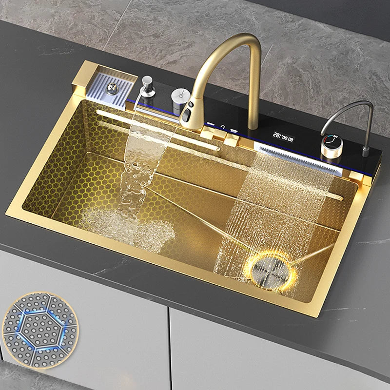 Gold Kitchen Workstation Sink with Waterfall Design, Temperature Display Faucet, Undermount Kitchen Sink