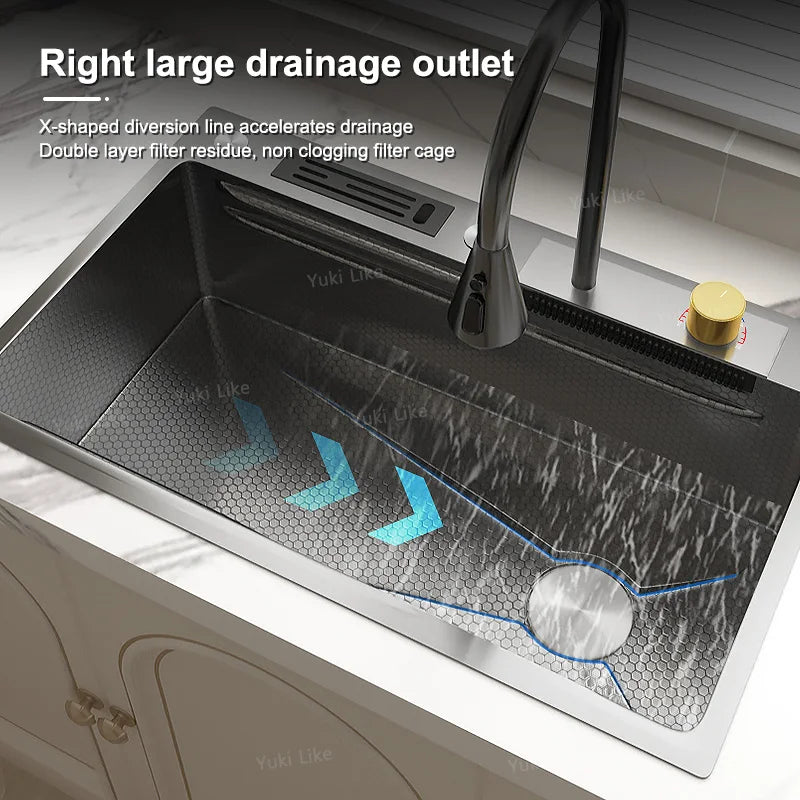 Large Single Basin 304 Stainless Steel Kitchen Sink with LED Waterfall Faucet - Modern Above-Counter Desig