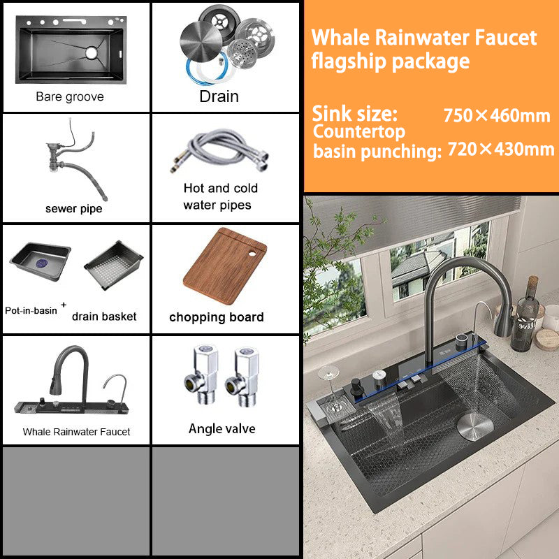 Stainless Steel Kitchen Sink with Double Waterfall Design, Large Single Basin, Embossed Surface, and Ambient Light Digital Display