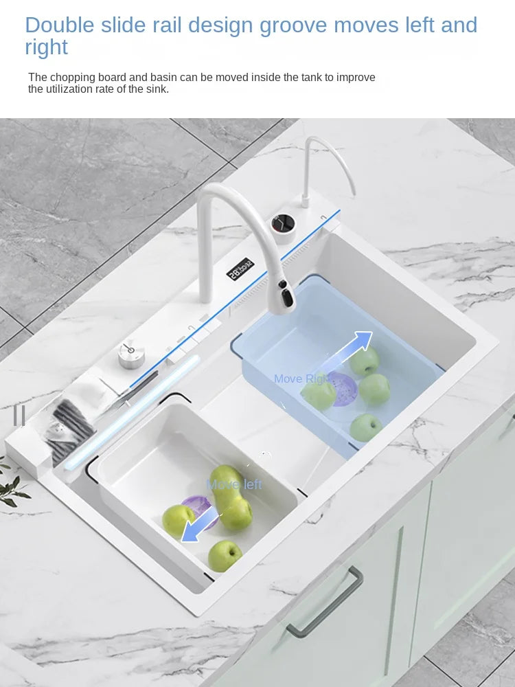 White Kitchen Workstation Sink with Waterfall Design, Temperature Display Faucet, Undermount Kitchen Sink