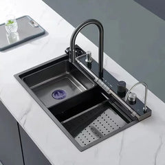 Stainless steel waterfall kitchen sink, integrated faucet and multifunctional wash basin, factory high-end kitchen customization