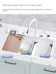 White Kitchen Workstation Sink with Waterfall Design, Temperature Display Faucet, Undermount Kitchen Sink