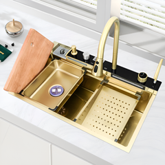 Gold Kitchen Workstation Sink with Waterfall Design, Temperature Display Faucet, Undermount Kitchen Sink