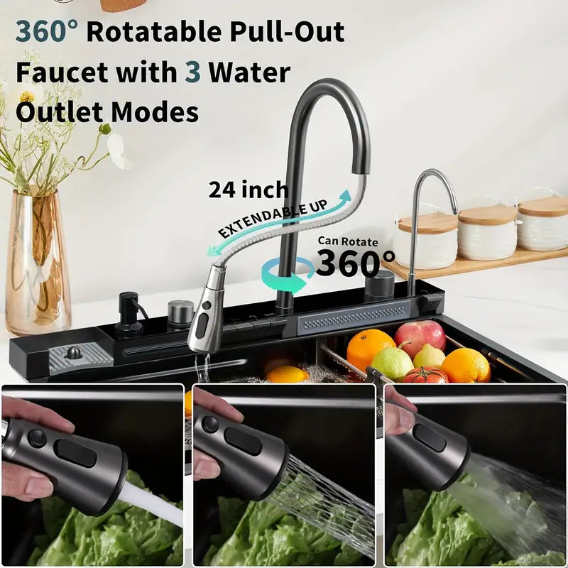 Kitchen Deluxe Waterfall Workstation Sink with Digital Temperature Display Faucet