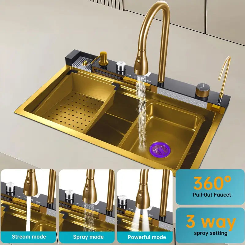 Gold Kitchen Workstation Sink with Waterfall Design, Temperature Display Faucet, Undermount Kitchen Sink