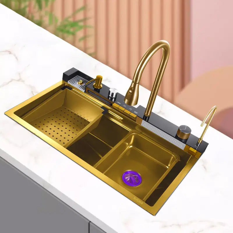 Gold Kitchen Workstation Sink with Waterfall Design, Temperature Display Faucet, Undermount Kitchen Sink